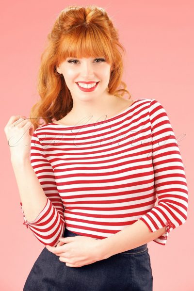 50s Modern Love Stripes Top in White and Red