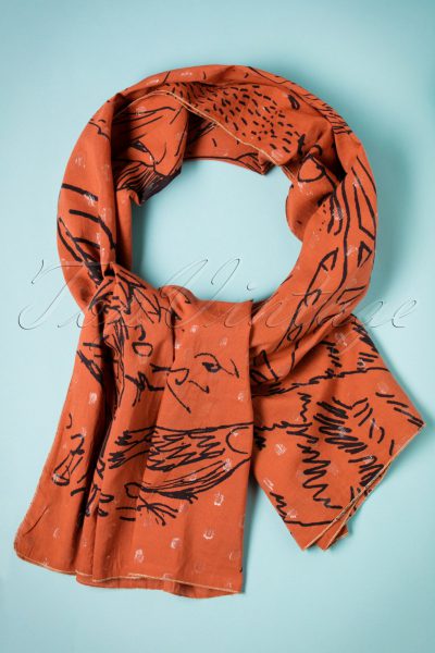 70s Cute Cat Drawing Scarf in Rust