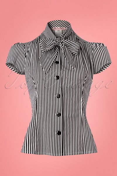 40s Estelle Candy Striped Blouse in Black and White