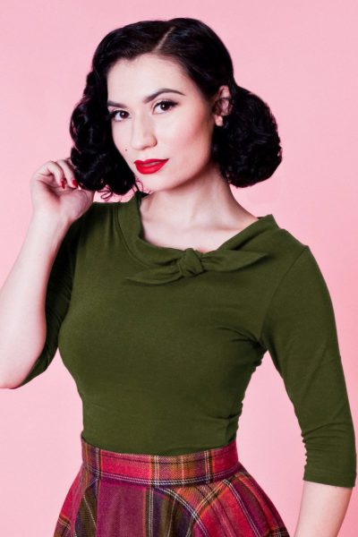 50s Lily Bow Top in Olive