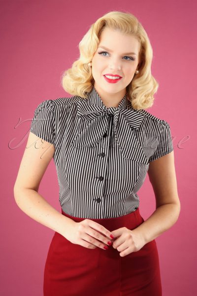 40s Estelle Candy Striped Blouse in Black and White