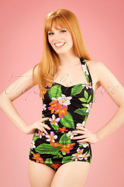 50s Classic Sheat Floral Swimsuit in Black