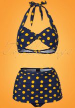 50s Classic Polkadot Bikini Top in Navy and Yellow