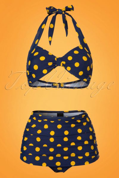 50s Classic Polkadot Bikini Top in Navy and Yellow