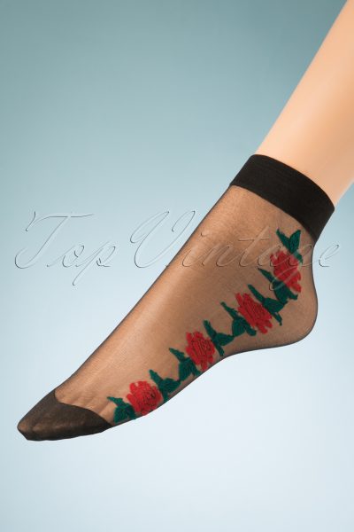 50s Red Rose Socks in Black