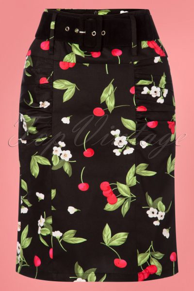 50s Millie Cherry Pencil Skirt in Black