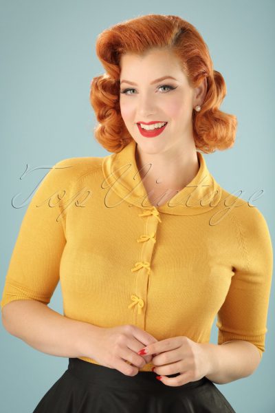 40s April Bow Cardigan in Mustard Yellow