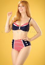 50s Joelle Stripes Bikini Pants in Navy and Red