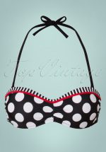 50s Debra Polkadot Stripes Halter Bikini Top in Black and White