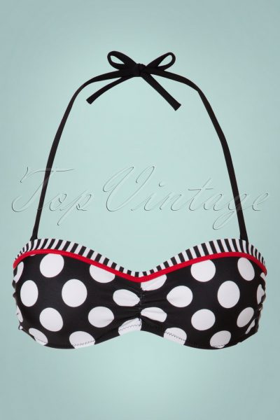 50s Debra Polkadot Stripes Halter Bikini Top in Black and White