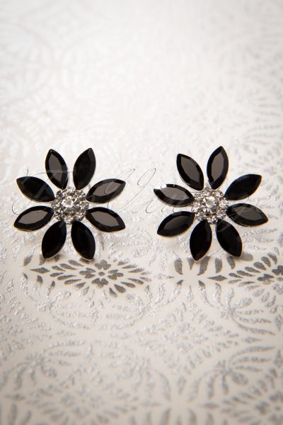50s Black Flower Earstuds in Silver