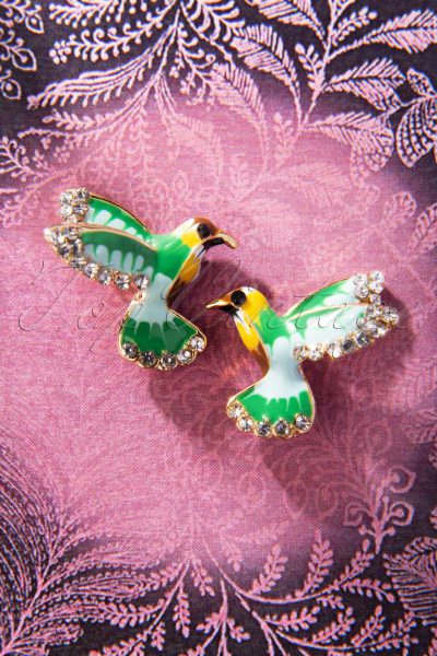 50s Like a Bird Stud Earrings in Green and Gold