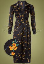 70s Magnolia Floral Midi Dress in Black