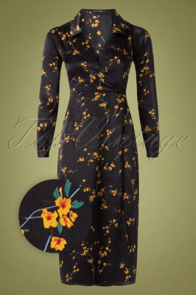 70s Magnolia Floral Midi Dress in Black