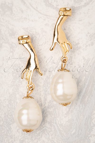 50s Hands Off My Pearl Earrings in Gold