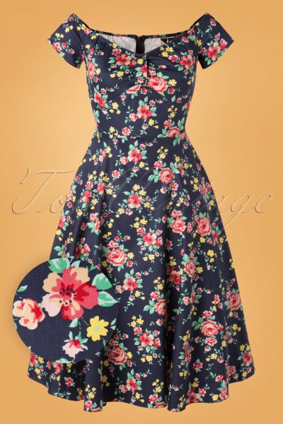 50s Josie Country Garden Swing Dress in Navy