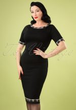 50s Work It Out Check Trim Pencil Dress in Black