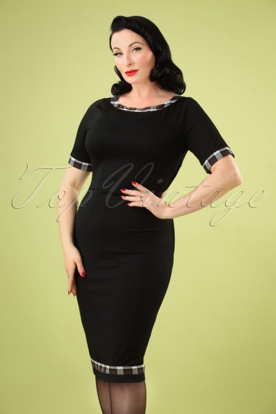 50s Work It Out Check Trim Pencil Dress in Black