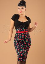 50s Cherry Pop Pencil Skirt in Black