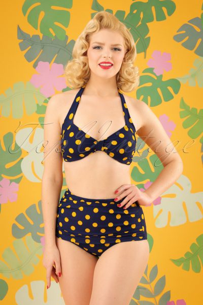 50s Classic Polkadot Bikini Pants in Navy and Yellow