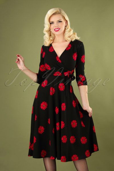 50s Janice Flower Swing Dress in Black