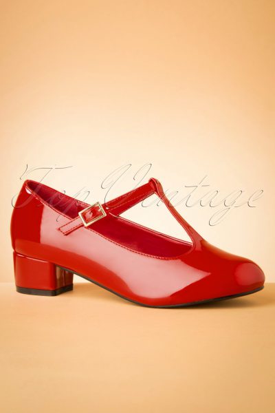 60s Chrissie Patent T-Strap Pumps in Lipstick Red