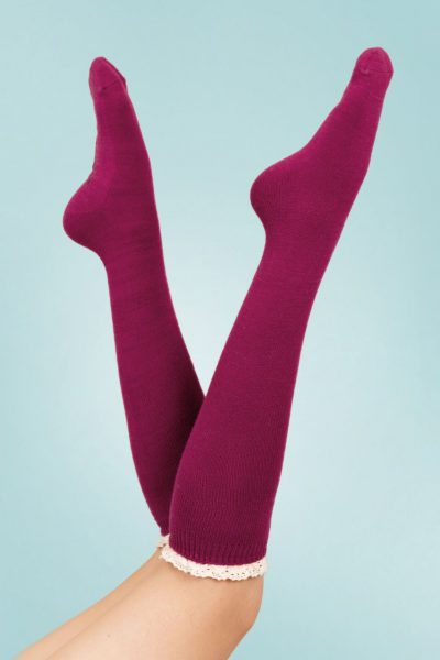 60s Lace Tops Knee Socks in Raspberry