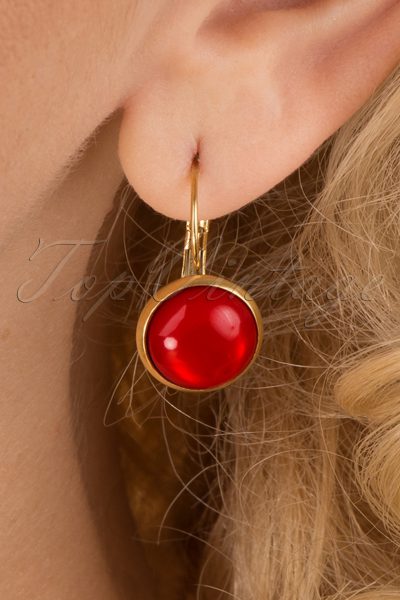 60s Goldplated Dot Earrings in Glossy Red