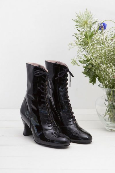 40s Frida Lace Up Booties in Patent Black
