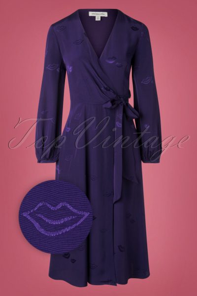 50s Luna Lips Wrap Midi Dress in Midnight Purple