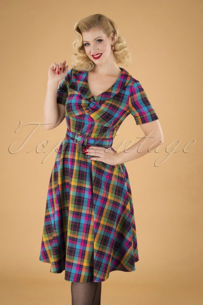 50s Camilla Plaid Swing Dress in Multi