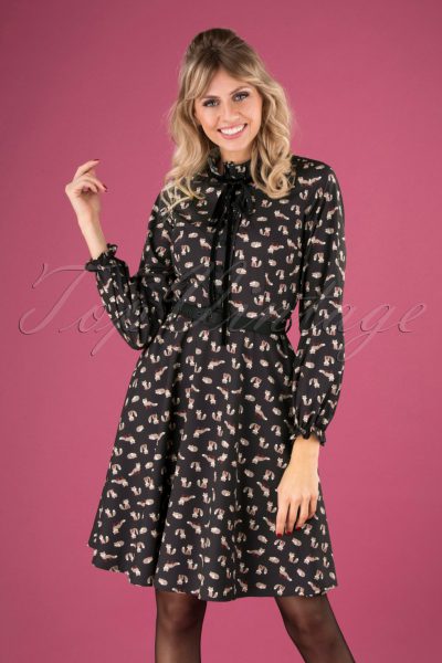 60s Tessa Fox Tie Neck Dress in Black