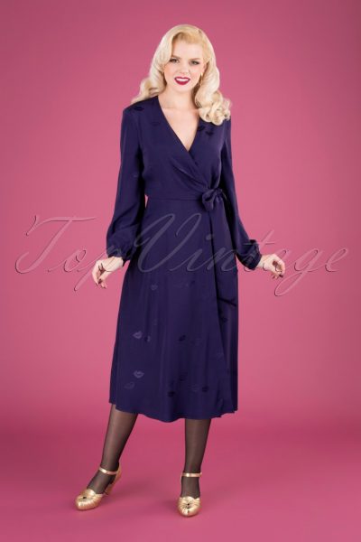 50s Luna Lips Wrap Midi Dress in Midnight Purple