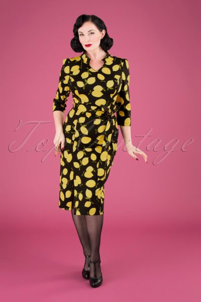 50s Zesty Lemon Wiggle Dress in Black