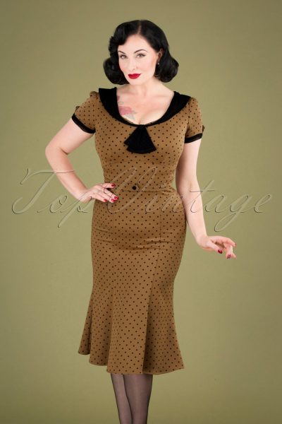 40s Raileen Polkadot Pencil Dress in Cappuccino