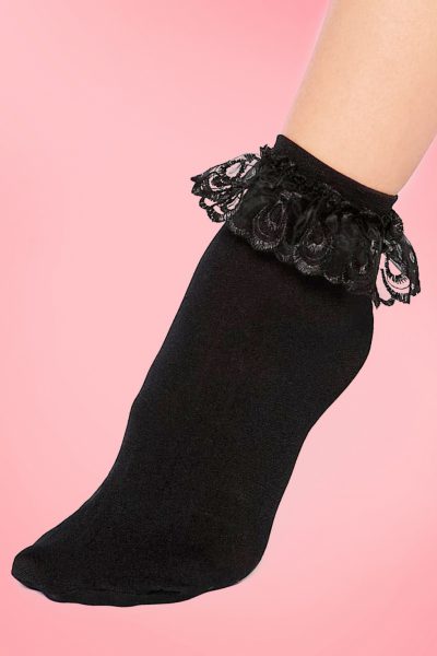 50s Cute Ruffle Lace Bobby Socks in Black