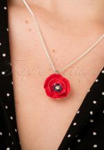 60s Porcelain Poppy Pendant Necklace in Red