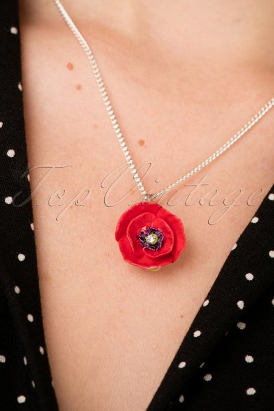 60s Porcelain Poppy Pendant Necklace in Red
