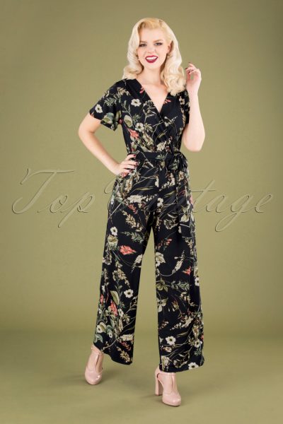 50s Quinty Floral Jumpsuit in Dark Navy