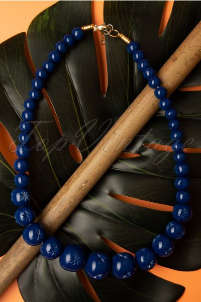TopVintage Exclusive ~ 40s Twilight Carved Beaded Necklace in Midnight Blue