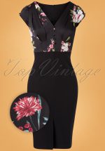 50s Skyla Floral Pencil Dress in Black