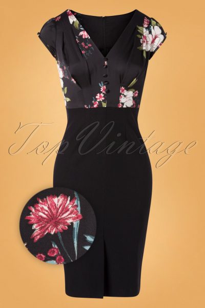 50s Skyla Floral Pencil Dress in Black