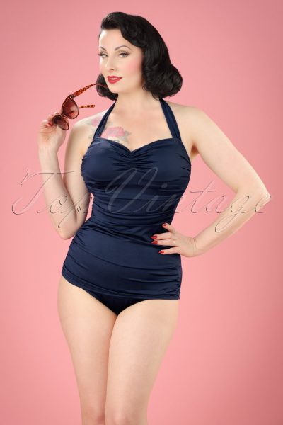 50s Classic Fifties One Piece Swimsuit in Navy