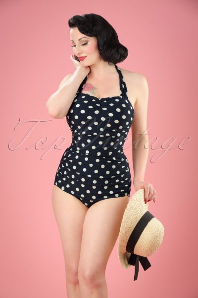 50s Classic Polkadot One Piece Swimsuit in Black and White