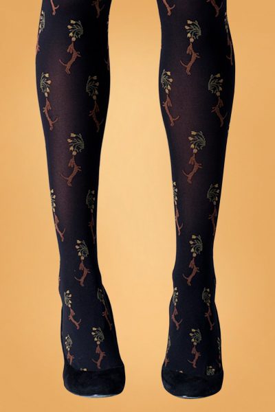 60s Dog and Flower Tights in Black