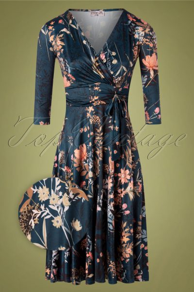 50s Caryl Floral Swing Dress in Petrol Blue