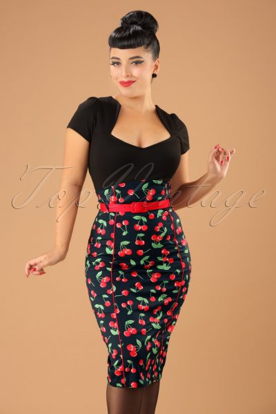 50s Cherry Pop Pencil Skirt in Black