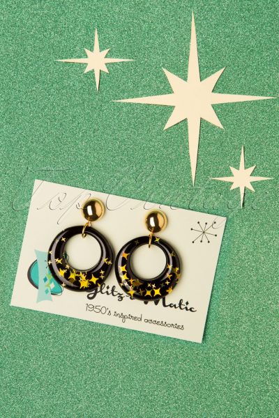 50s Glitter Star Hoop Earrings in Black and Gold