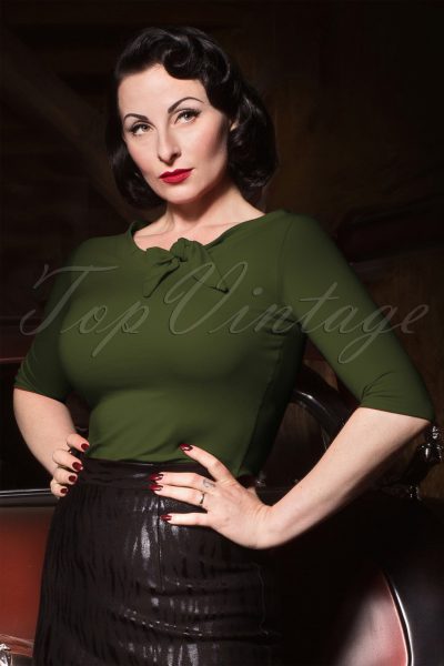 50s Lily Bow Top in Olive
