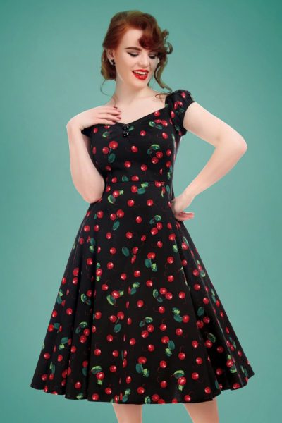 50s Dolores Cherry Doll Swing Dress in Black